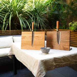 Moritaka AS knives featuring our signature magnetic knife stand in oak