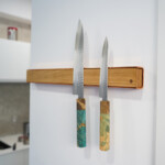 Wall Mounted Magnetic Wood Knife Rack – Copper- with Sakai Kyuba Petty and Gyuto Wall Mounted Magnetic Wood Knife Rack – Copper- with Sakai Kyuba Petty and Gyuto