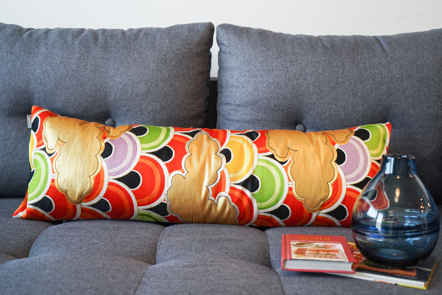 Bolster Cushion Cover Kimono Obi Silk, Gold Embroidery Vintage - Seigaiha Grand