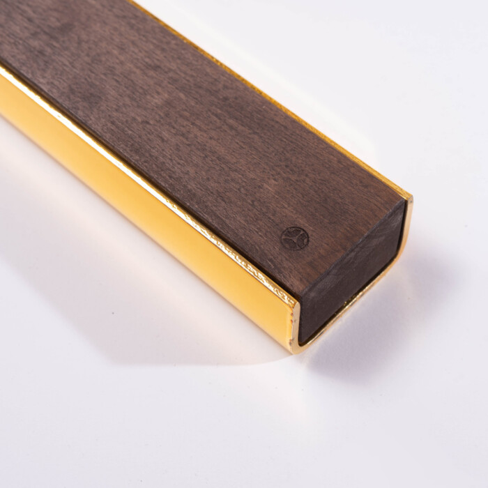 Wall Mounted Magnetic Wood Knife Rack – Brass and walnut with Oishya logo brass wooden high quality cover magnetic kitchen knife rack strip japanese knives walnut close up