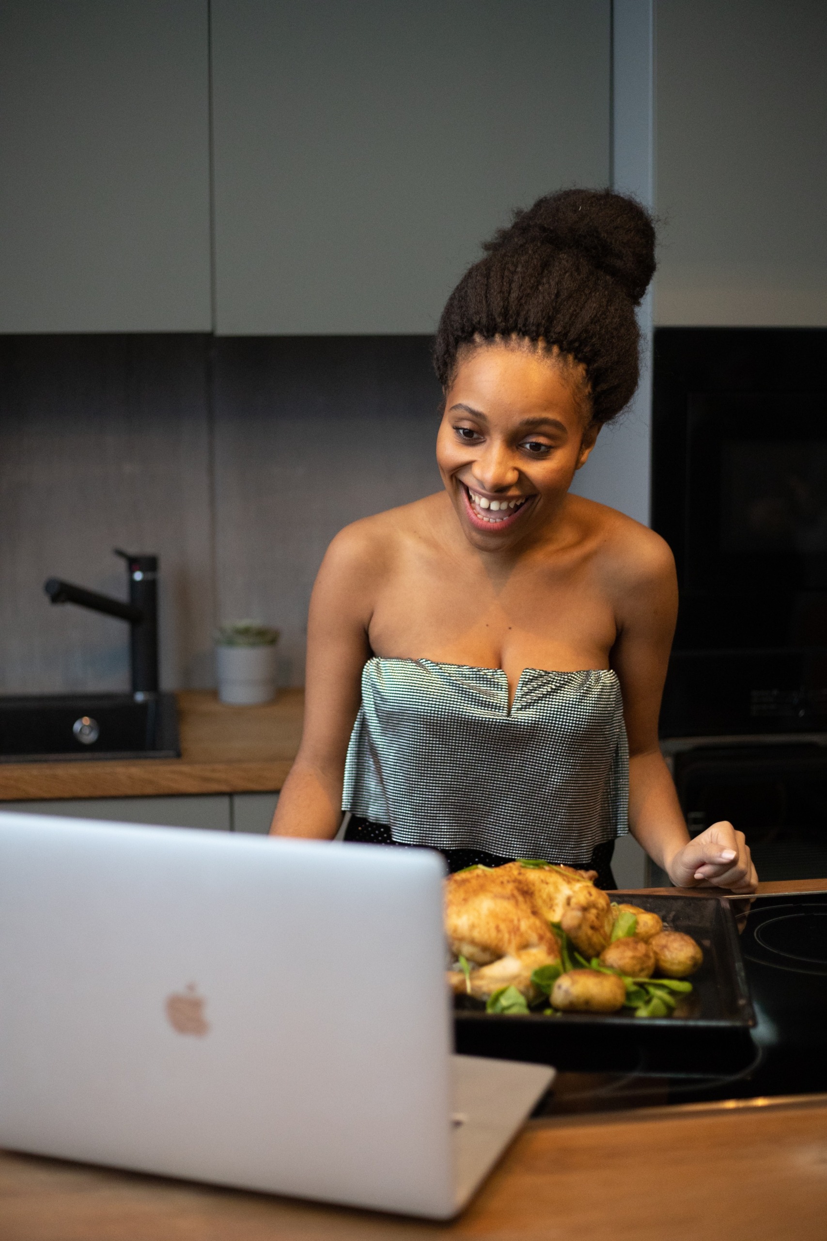 Woman cooking virtually with friends