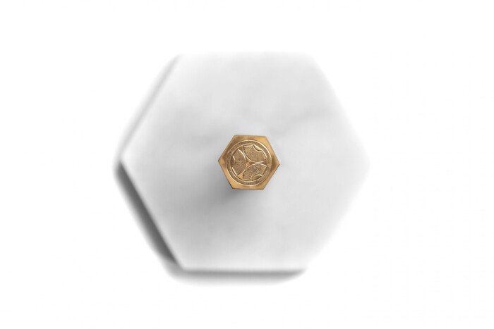 Hexagon Brass and Marble Kitchen Roll Holder Close Up