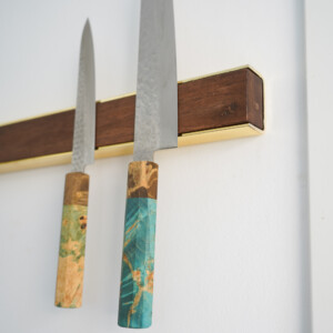Wall Mounted Magnetic Wood Knife Rack - Walnut Brass Knives