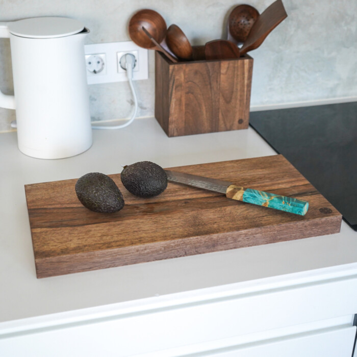 Dark Walnut Kitchen Cutting Board- Large- with Sakai Kyuba Gyuto Japanese knife Dark Walnut Kitchen Cutting Board- Large- with Sakai Kyuba Gyuto Japanese knife