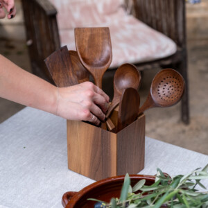 wooden kitchen utensils with utensils holder