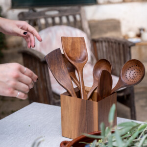 wooden kitchen utensils with utensils holder