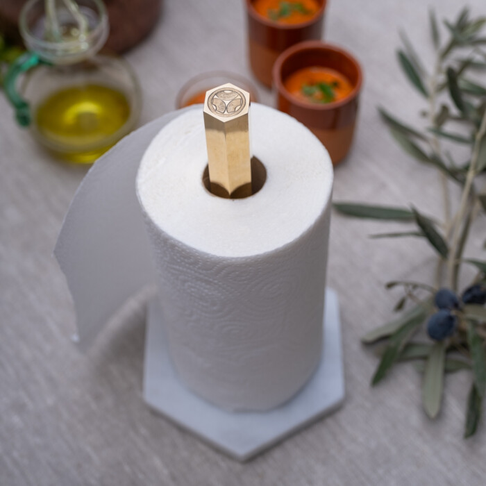 hexagon brass and marble kitchen towel holder by oishya