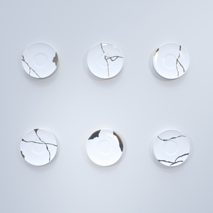 Kintsugi Collection Fine Bone China Porzellan Teetassen (inkl. Teller) - Set von 6- Vorderseite- Weißer Hintergrund