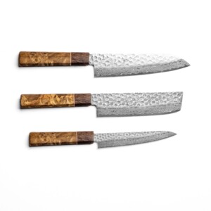 Sakai Kyuba – The Knife Set: Santoku, Nakiri, Petty – Natural Brown