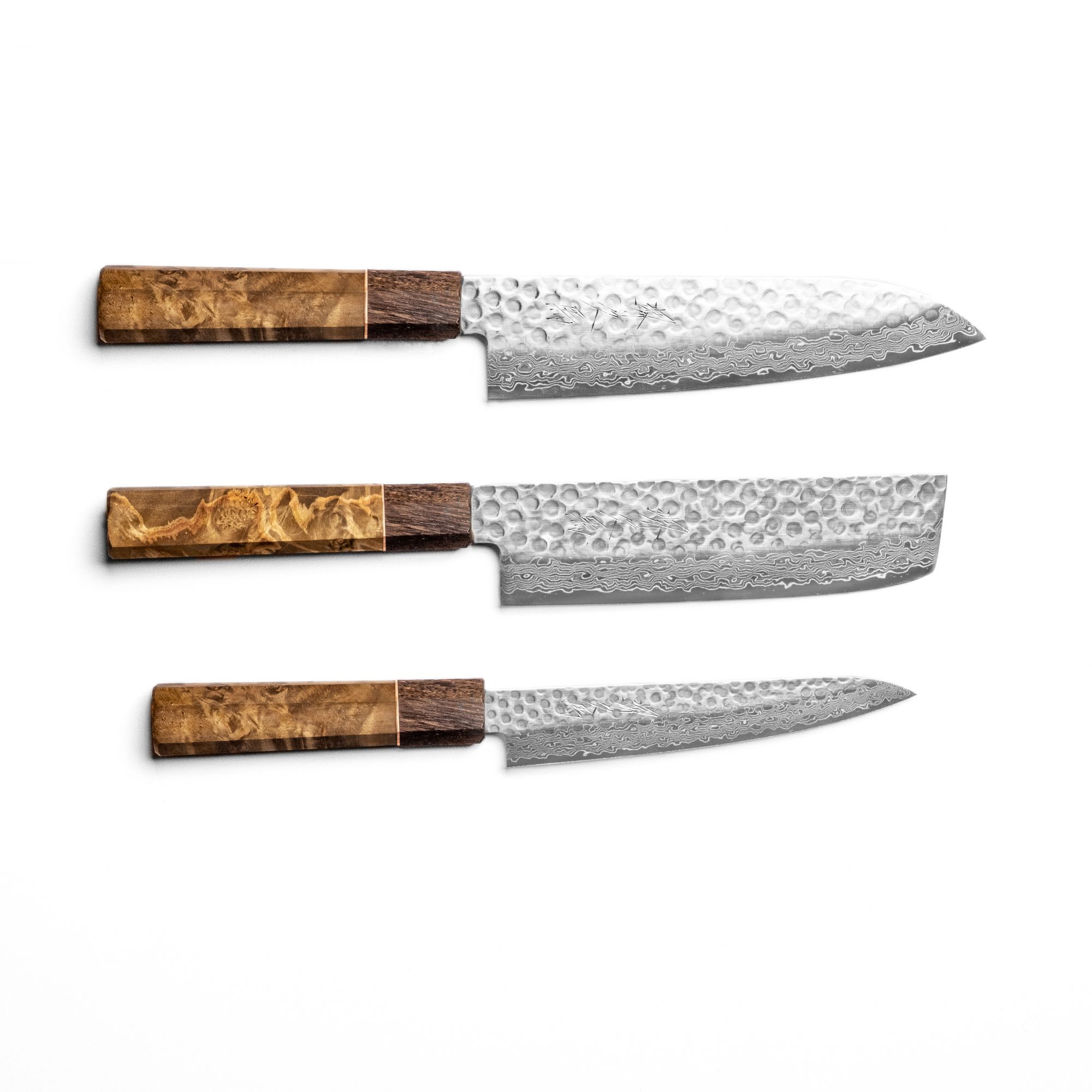 Sakai Kyuba – The Knife Set: Santoku, Nakiri, Petty – Natural Brown