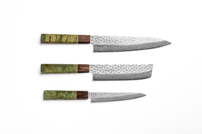 Sakai Kyuba – The Knife Set: Gyuto, Nakiri, Petty – Olive Green