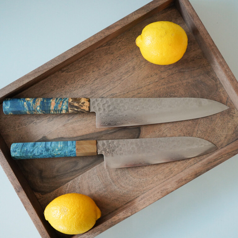Santoku vs Gyuto Mediterranean blue in walnut tray
