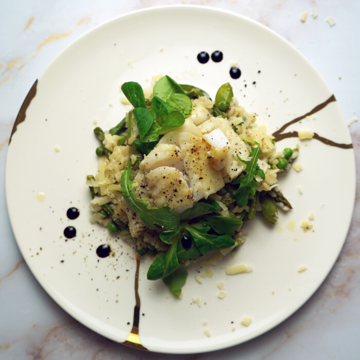 Roasted Cod With Pea, Edamame And Asparagus Risotto - Oishya