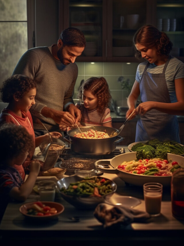 ultrahigh resolution photograph of a european family cooking and preparing dinner together healthy food, modern interior, lots of sunlight, realistic, ultra detailed, shot on Fujifilm H2 camera,