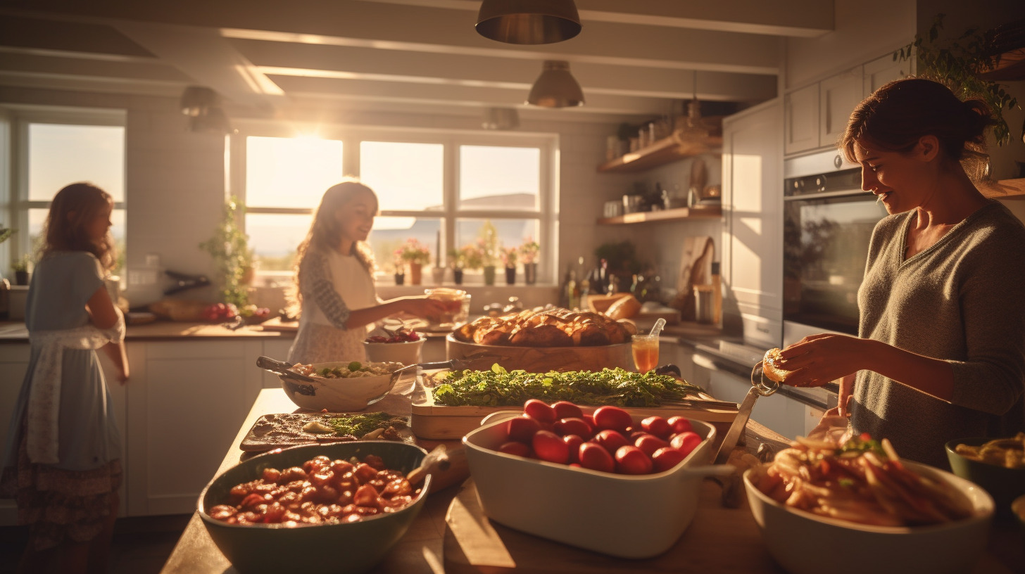 ultrahigh resolution photograph of a european family cooking and preparing dinner together healthy food, modern interior, lots of sunlight, realistic, ultra detailed, shot on Fujifilm H2 camera, --ar 16:9 --s 50 --style raw --s 250 -