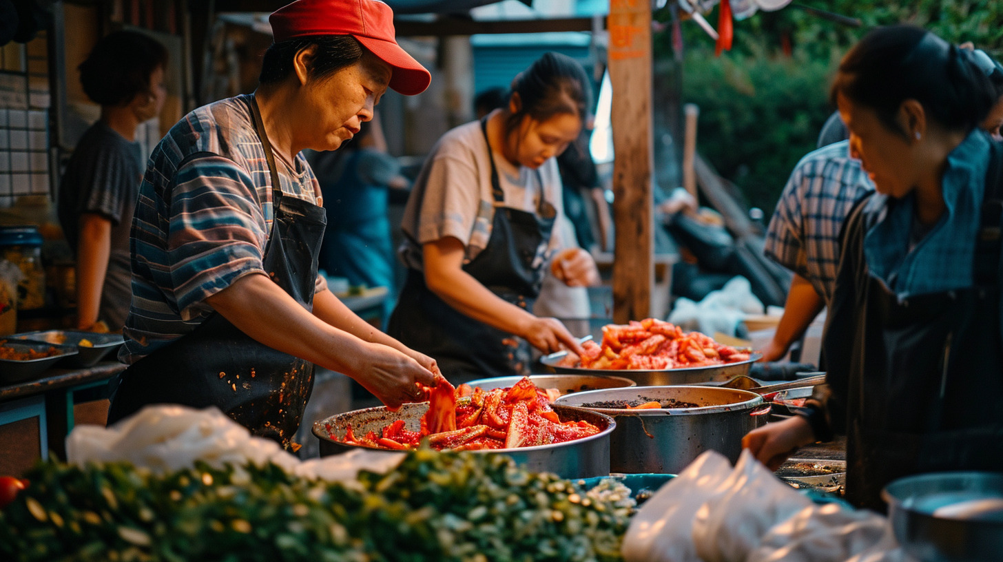 korean people making kimchi
