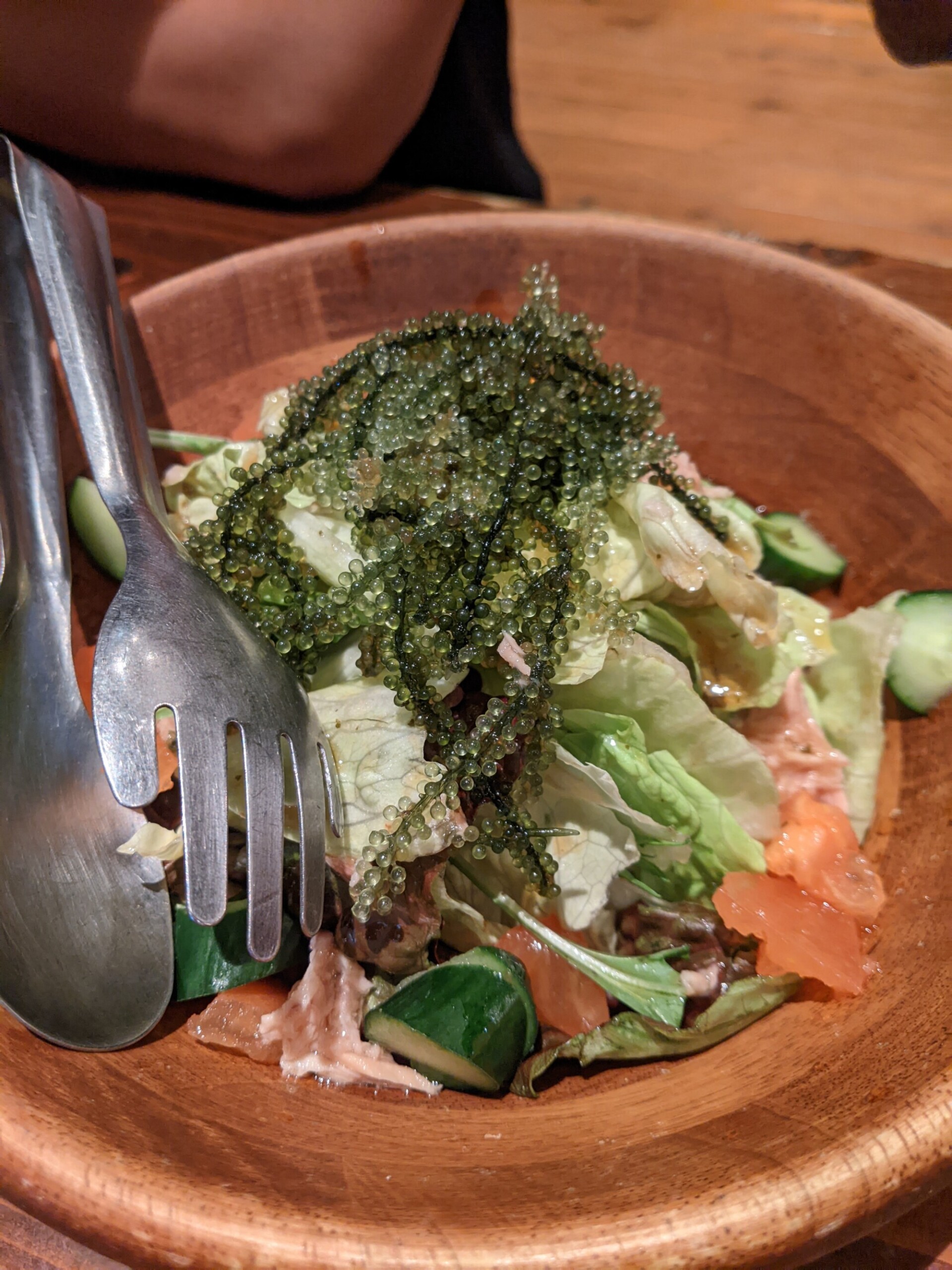 Okinawan salad including umibudo (sea grapes) -this is an Okinawan specialty. Otherwise known as green caviar, the seaweed resembles grapes and, as the name suggests, has a distinctive texture and an irresistible, refreshing sea aroma.