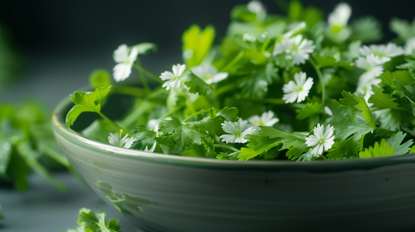 coriander cilantro_as_edible_flowers_in_a_dish_ kitchenware kitchen knives oishya