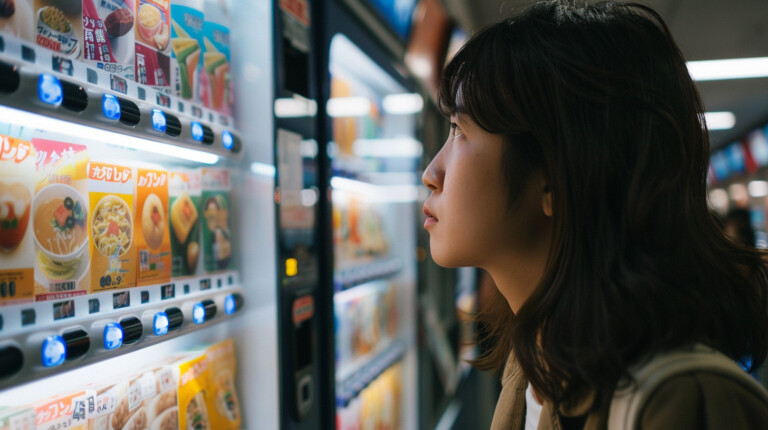 a woman ordering ramen from vending machine-doms in japanese ramen place, japan
