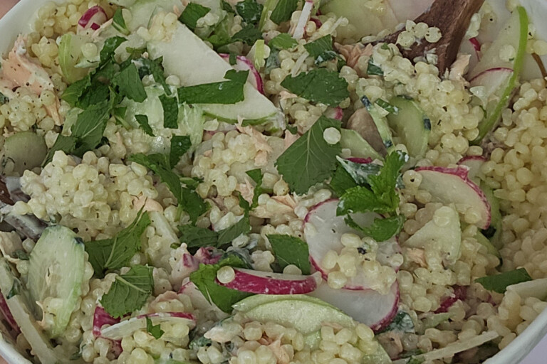 Pearl Couscous Salad with Grilled Salmon & Mint-Lime Dressing