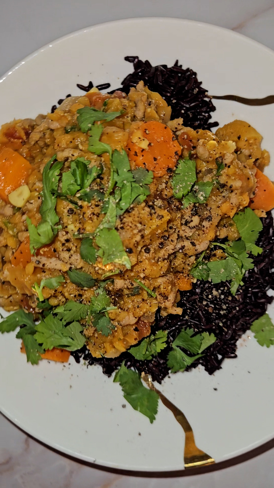 Moroccan Beef Stew with Red Lentils and Black Jasmin Rice