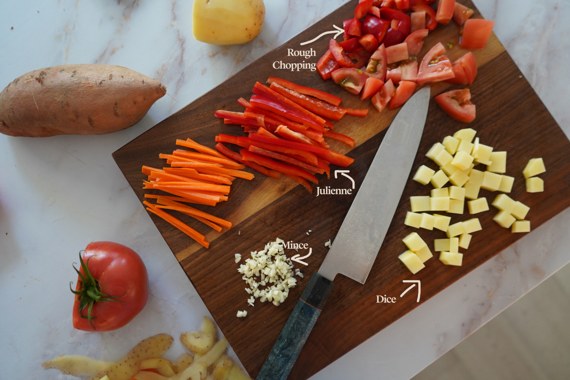 4 knife chopping techniques dice mince rough chopping julienne