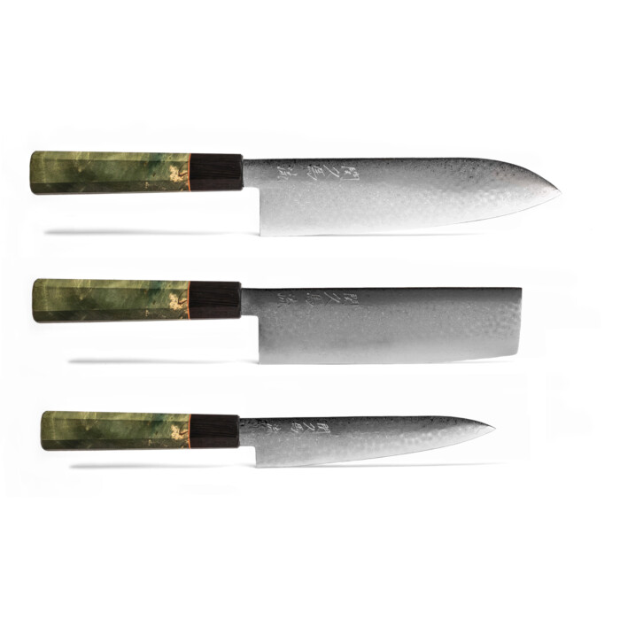 Seki Kyuba RYU SET Santoku Nakiri Petty Olive Green