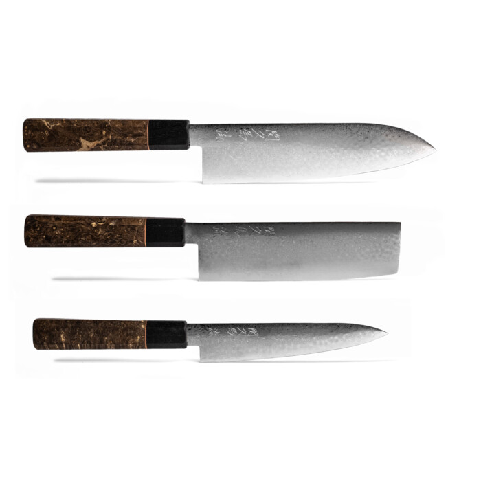 Seki Kyuba RYU SET Santoku Nakiri Petty Natural Brown